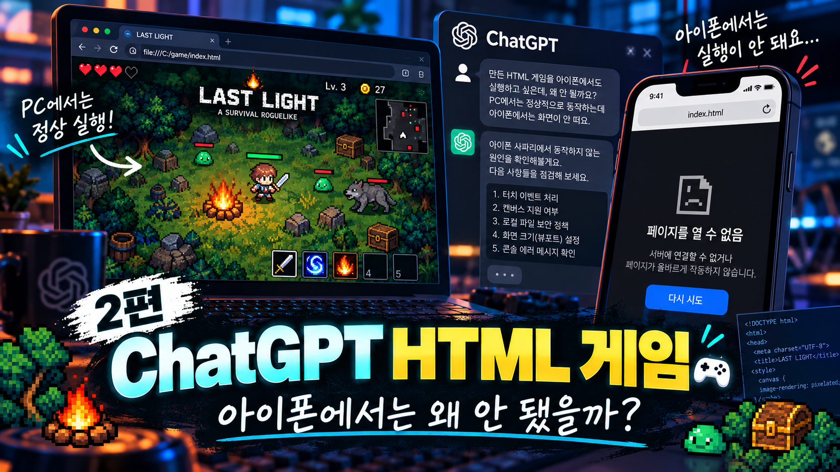 ChatGPT HTML 게임이 아이폰에서 실행되지 않는 화면
